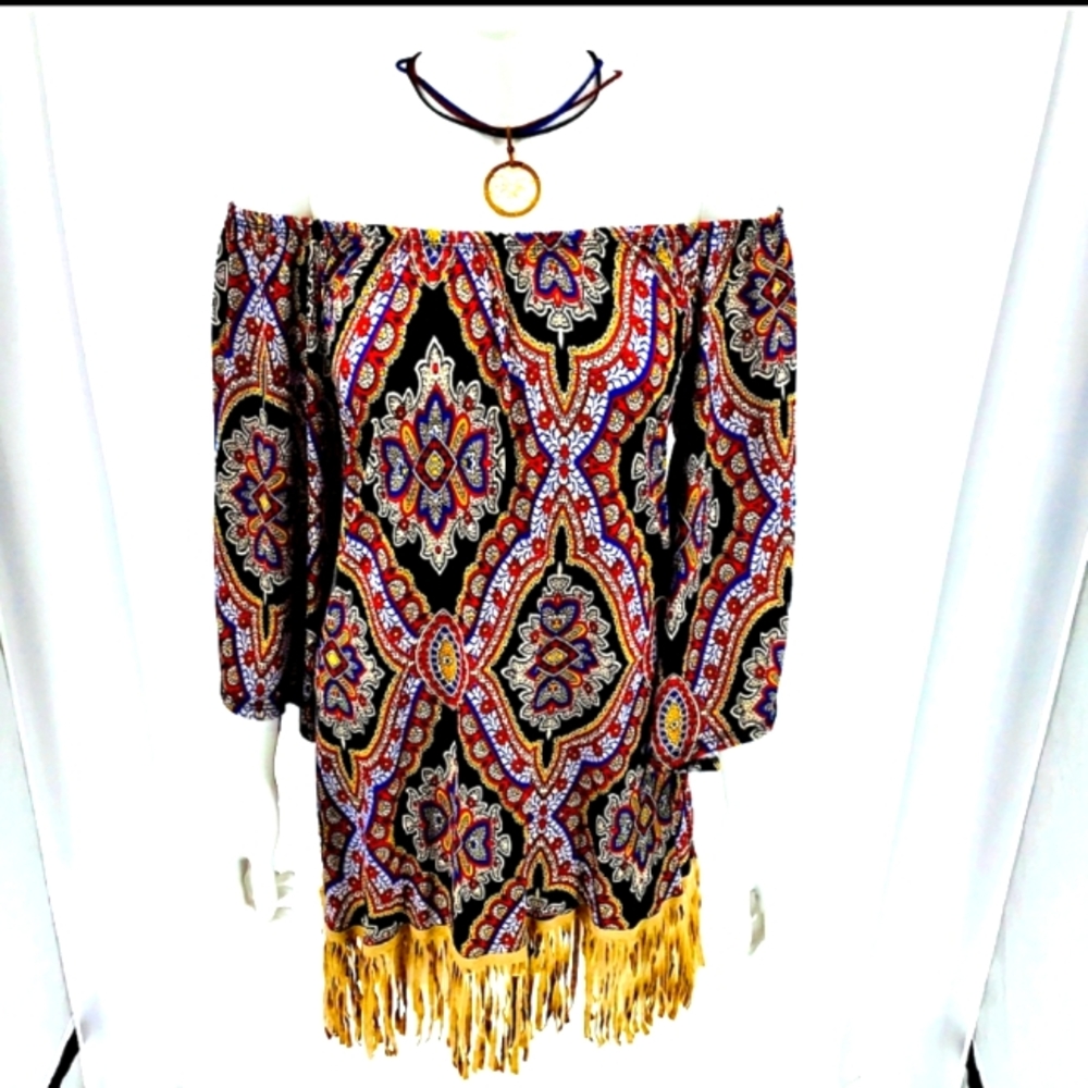 Off the Shoulder Boho Mini with Fringe Hem